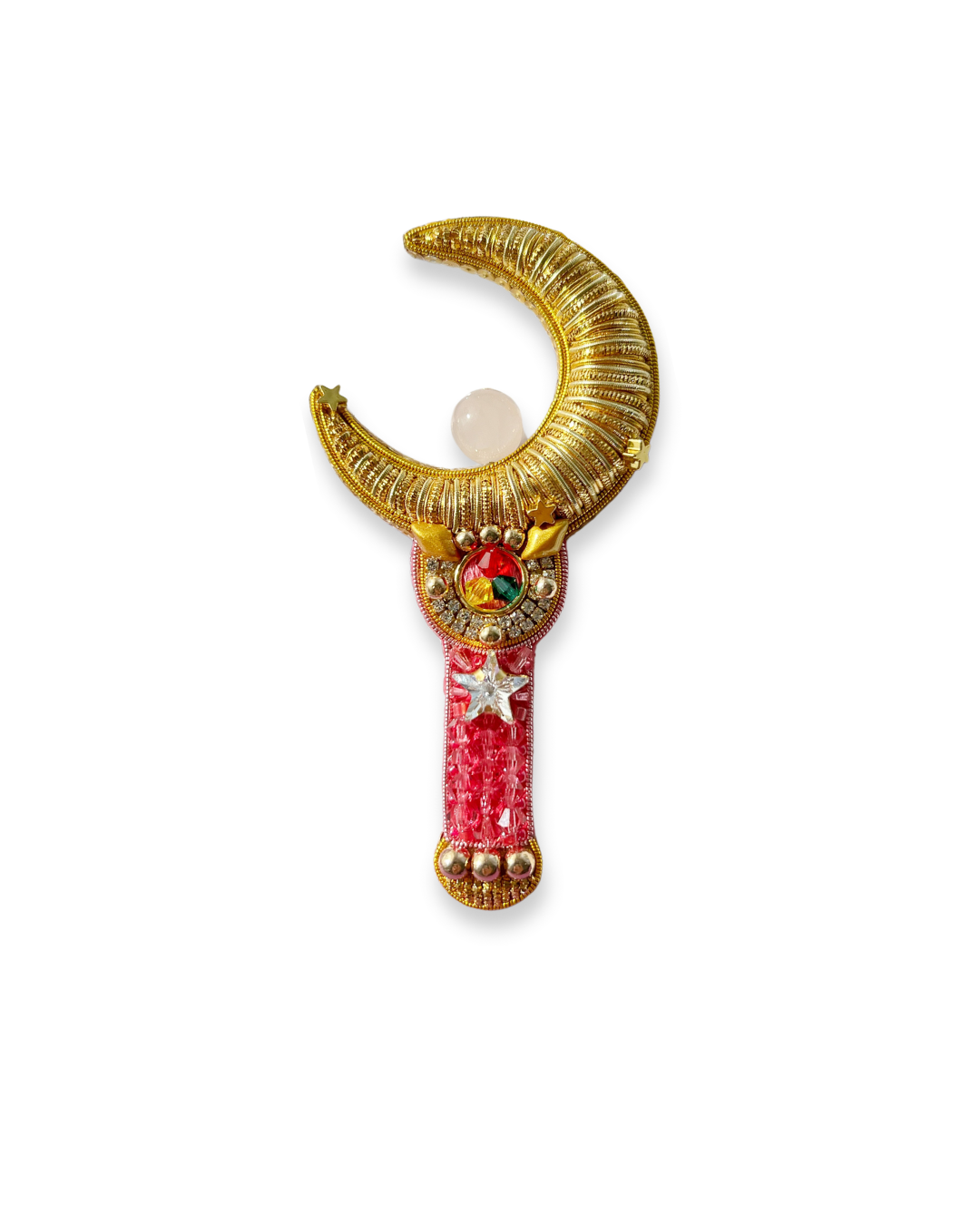 Sailor Moon Moon Stick - a gold crescent moon with pink crystal wand with Swarovski star shape crystal on it.