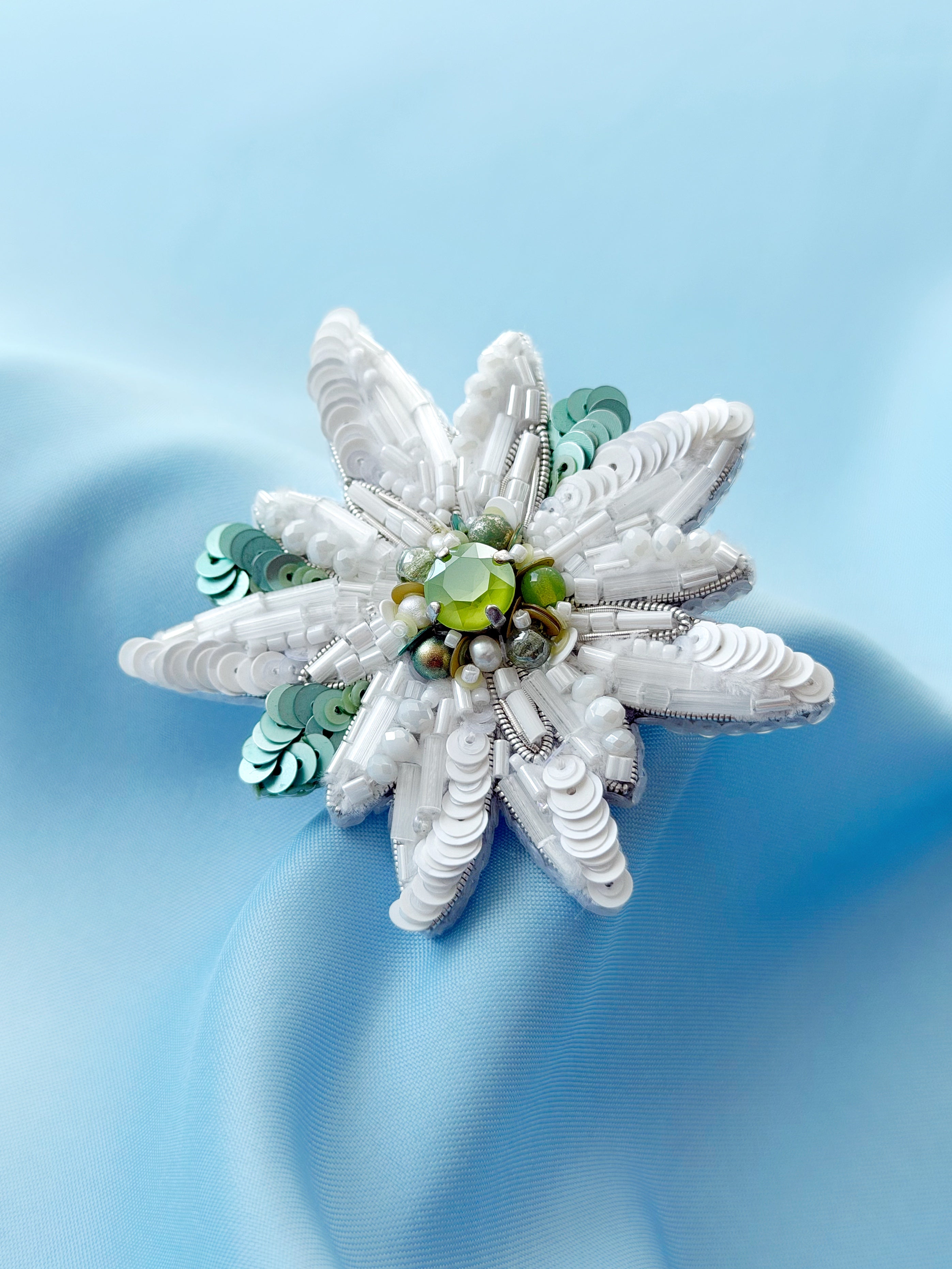 edelweiss alpine flower with white petals and green accents on a blue background