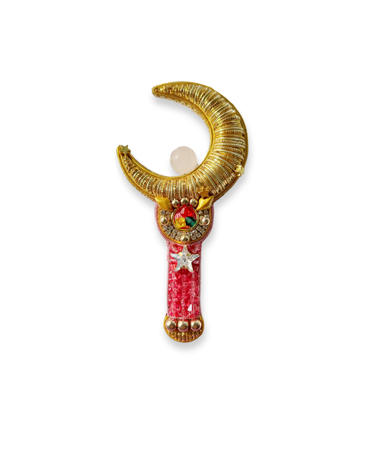 Sailor Moon Moon Stick - a gold crescent moon with pink crystal wand with Swarovski star shape crystal on it.