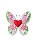 Pastel color beaded butterfly shaped brooch with a red heart in center.