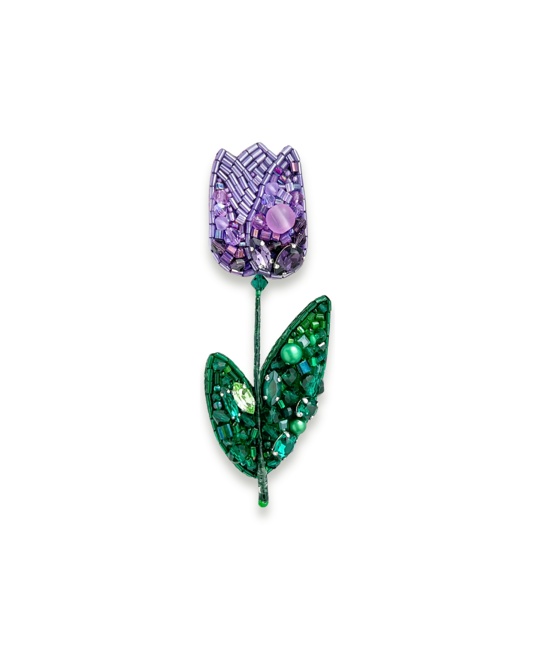 Purple tulip flower brooch with green leaves.