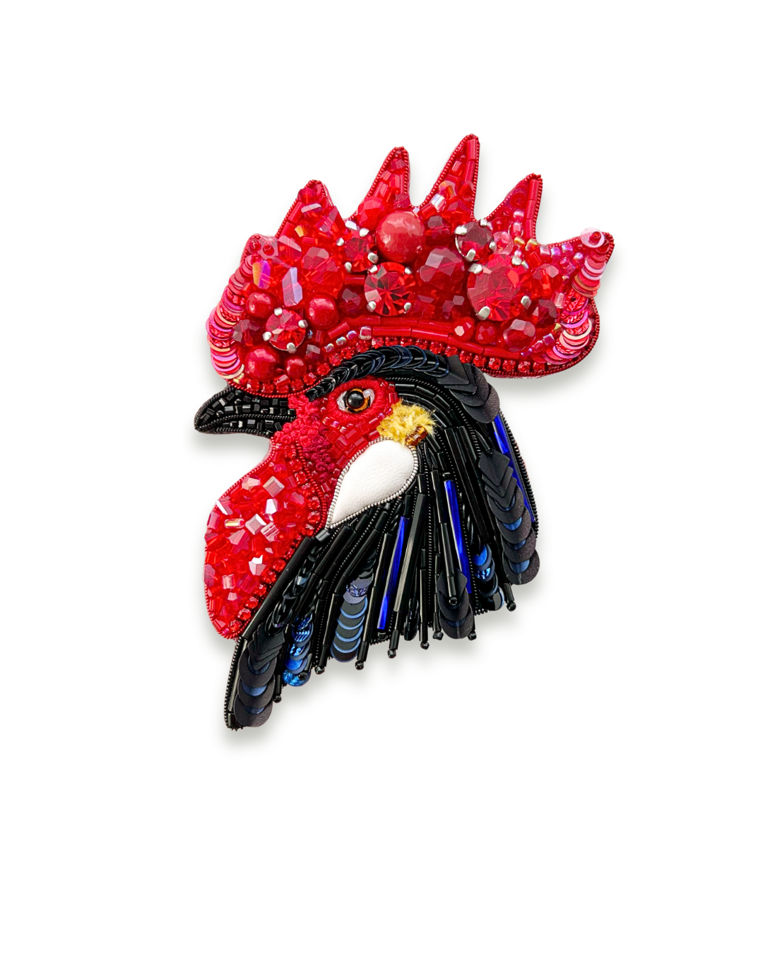 Rooster brooch with red and black details