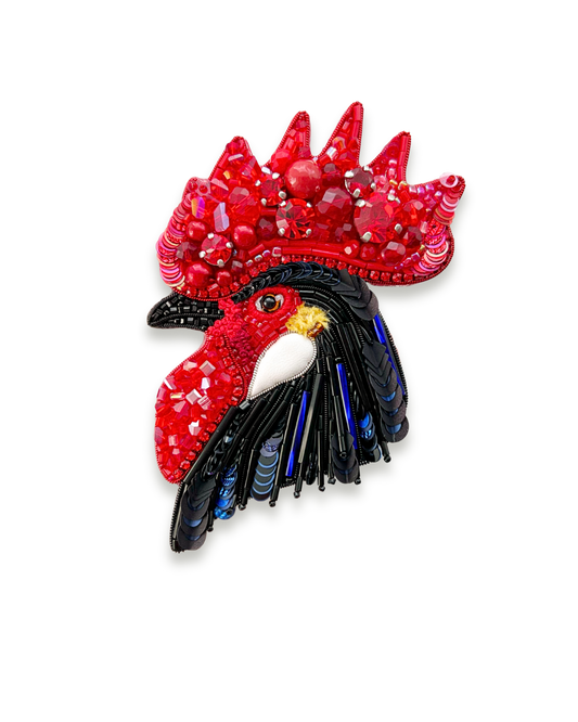 Rooster brooch with red and black details