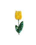 Beaded yellow tulip brooch with green leaves.